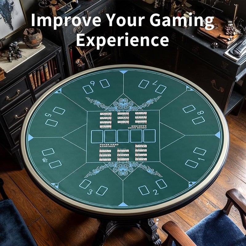 AQQA 47 Inch Round Poker Mat - Round Texas Hold'em Poker Mat - Non-Slip Foldable Table Mat - Texas Hold'em Poker Table Top Game Mat for Play Cards, Poker Games, Blackjack, Casino - Image 3